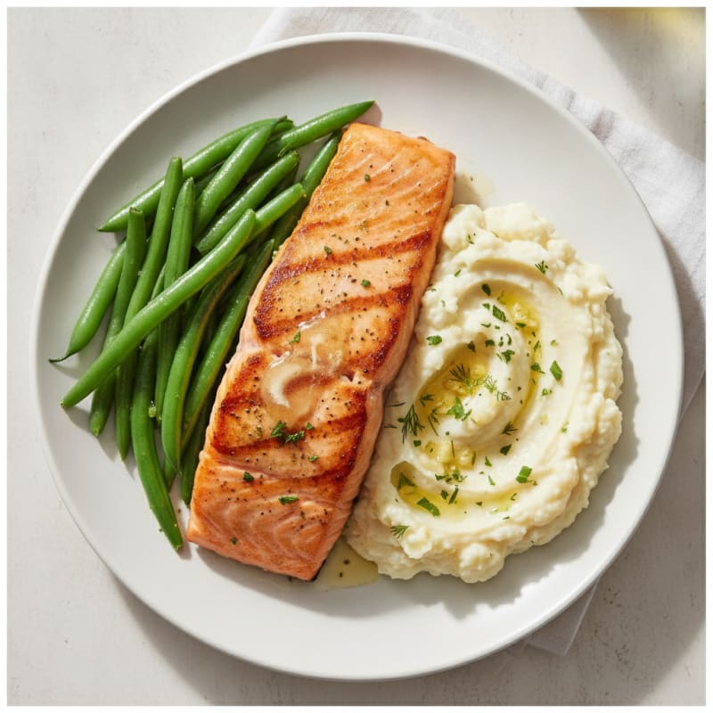 Seared Salmon Fillet with Steamed Green Beans and Garlic Mashed Cauliflower