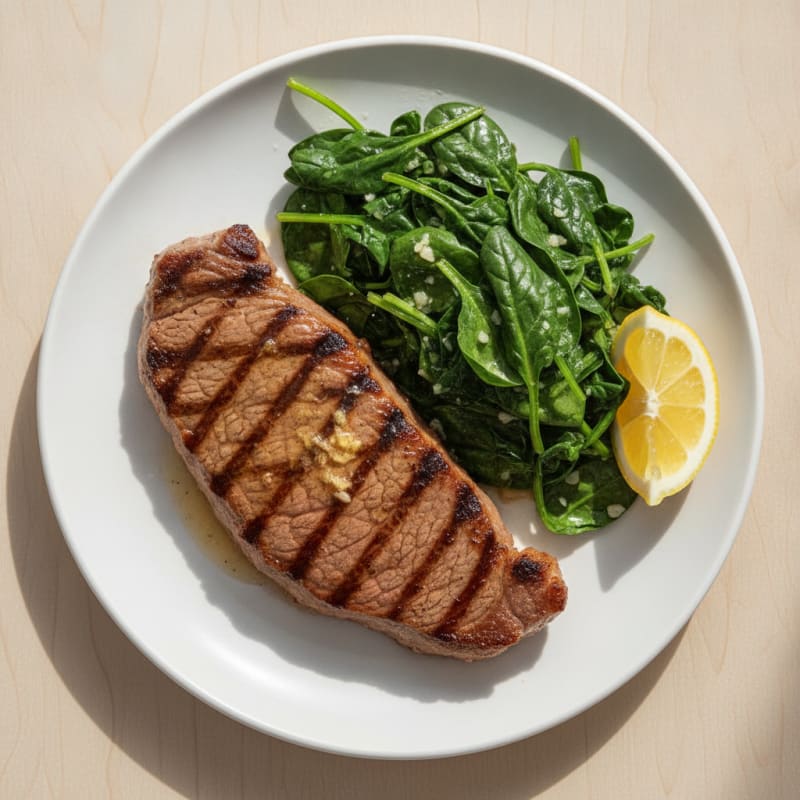Grilled Lean Beef Steak with Steamed Spinach
