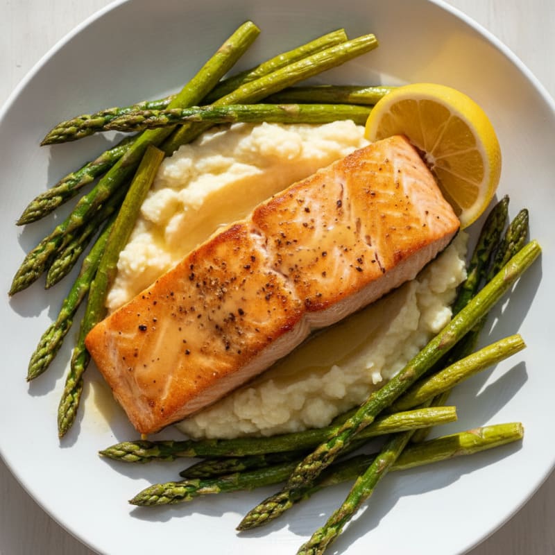 Seared Salmon with Roasted Asparagus and Cauliflower Mash