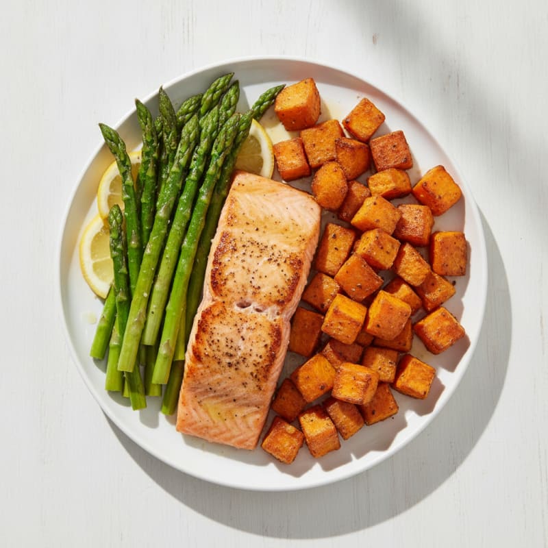 Seared Salmon with Roasted Sweet Potatoes and Asparagus