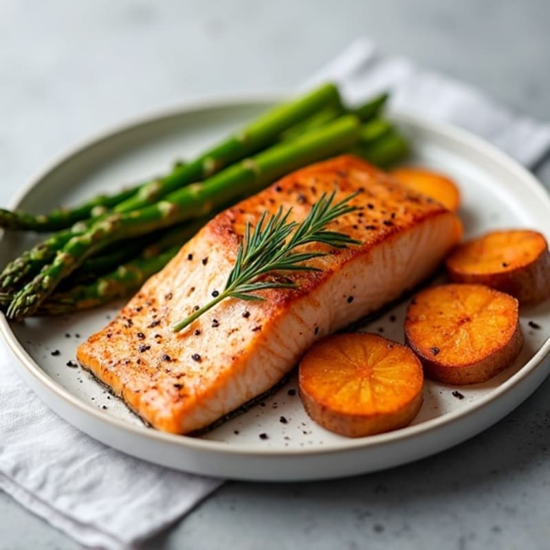 Seared Salmon Fillet with Roasted Sweet Potatoes and Asparagus