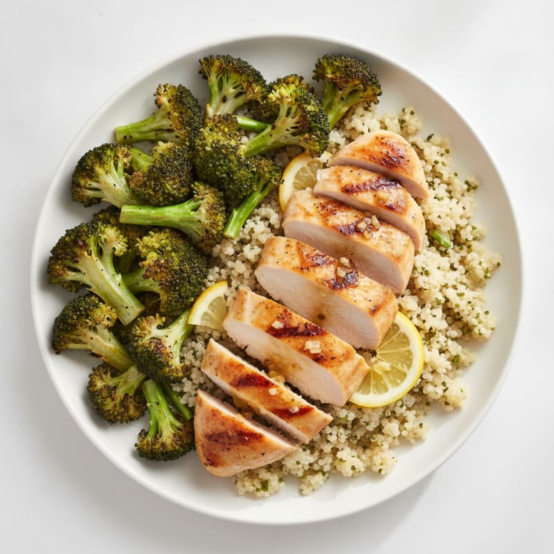 Grilled Lemon Garlic Chicken Breast with Quinoa and Roasted Broccoli