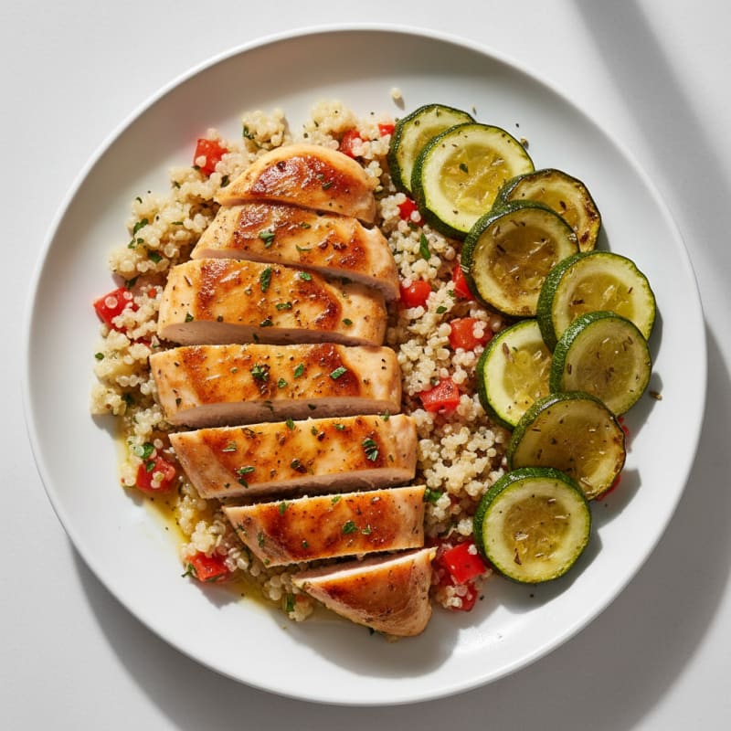 Pan-Seared Lemon Herb Chicken with Sautéed Zucchini and Quinoa