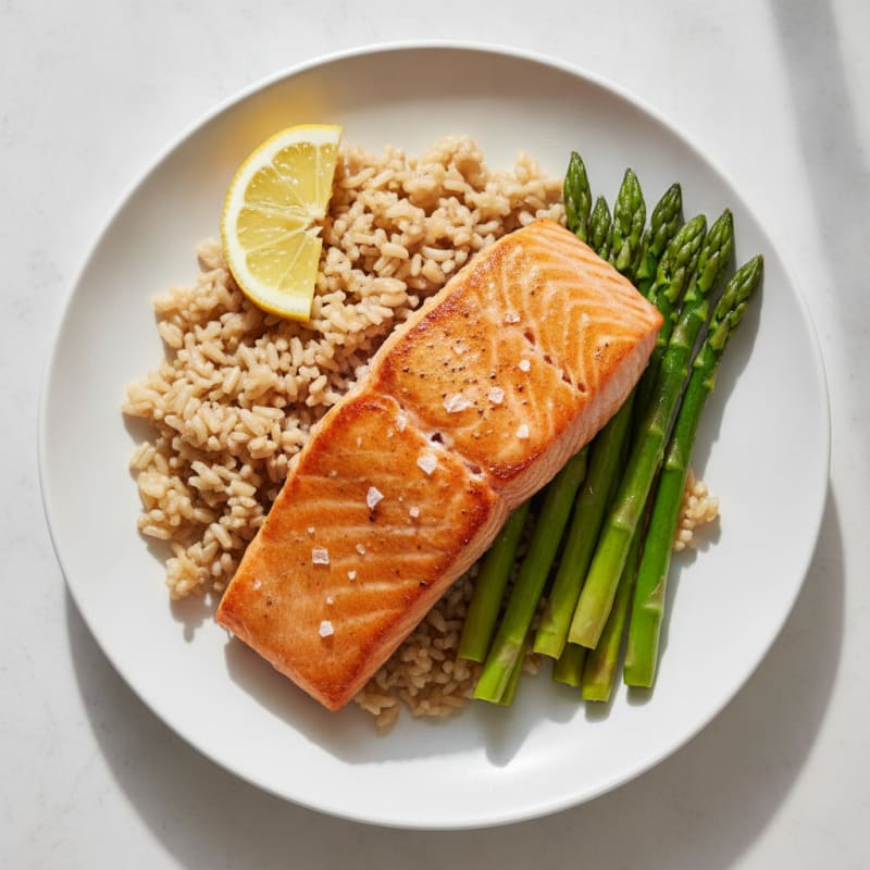 Seared Salmon Fillet with Steamed Asparagus and Brown Rice