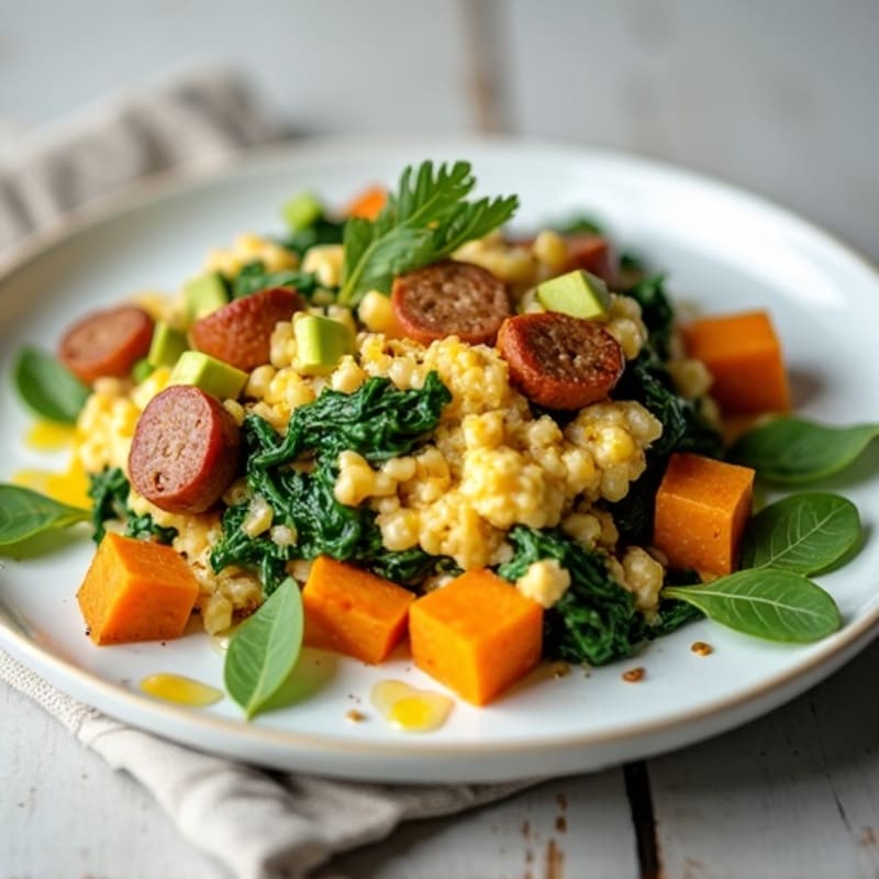Egg White and Turkey Sausage Scramble with Spinach and Sweet Potato