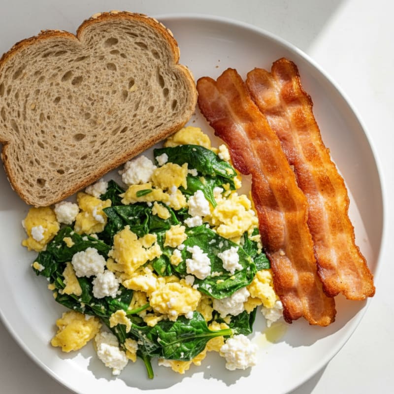 Cottage Cheese Egg Scramble with Spinach and Turkey Bacon