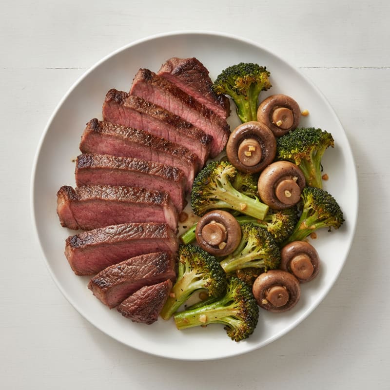 Seared Lean Beef with Roasted Broccoli and Garlic Mushrooms