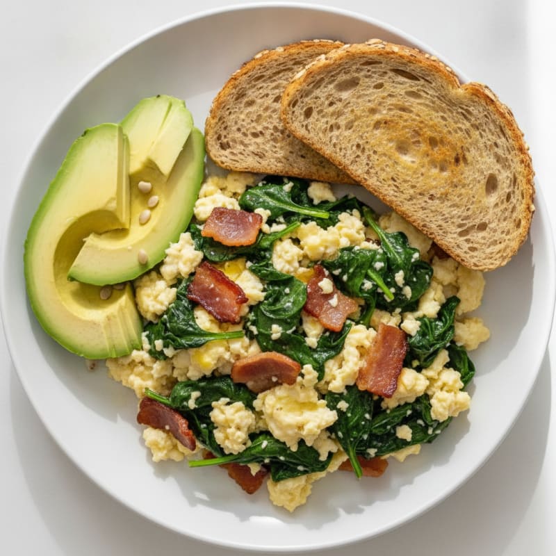 Crispy Turkey Bacon and Egg White Scramble with Spinach
