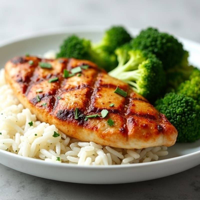 Grilled Chicken Breast with Steamed Rice and Broccoli