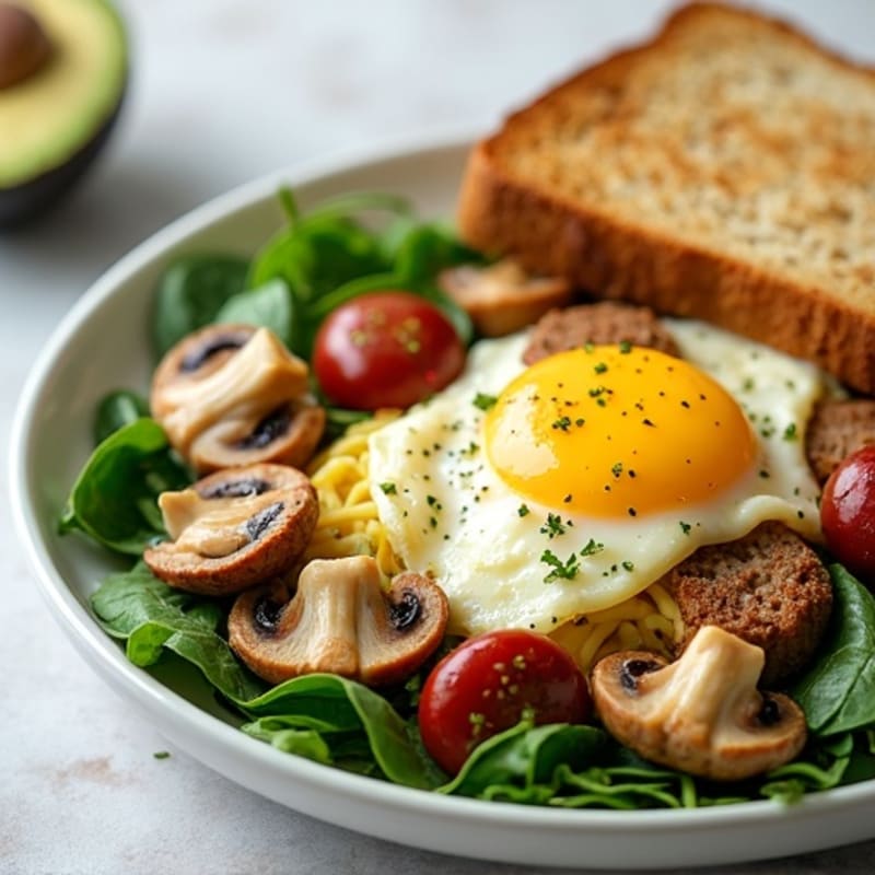 Egg White and Turkey Sausage Scramble with Spinach, Mushrooms, Toast & Avocado