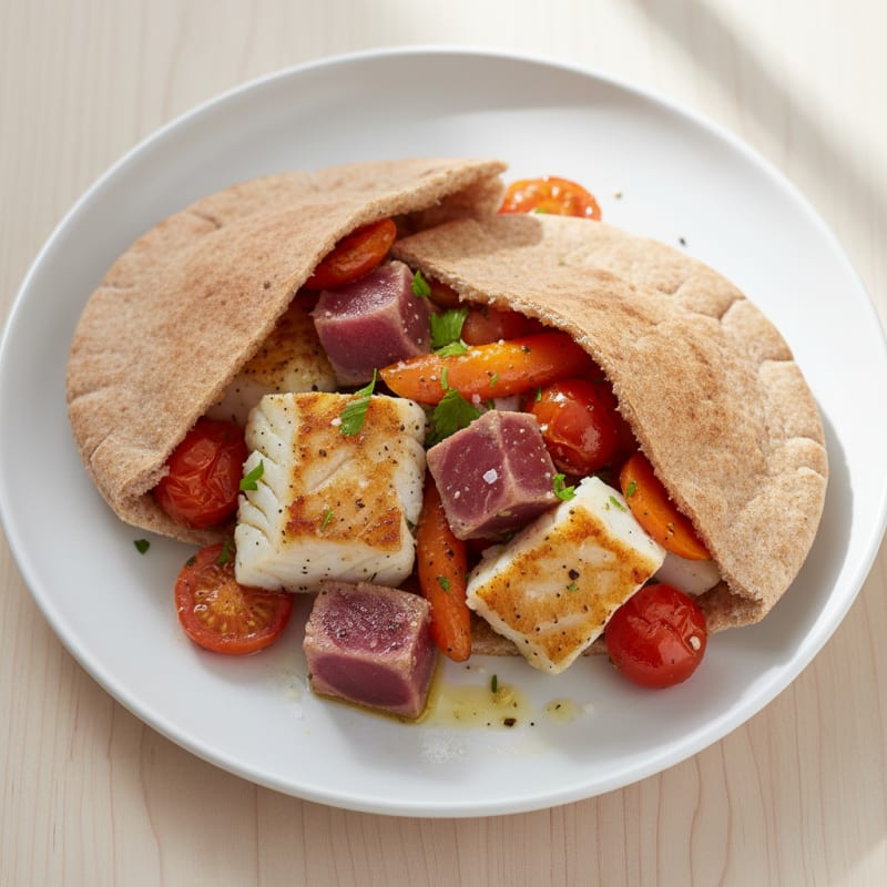 Pan-Seared Tuna Whitefish Pita with Roasted Vegetables