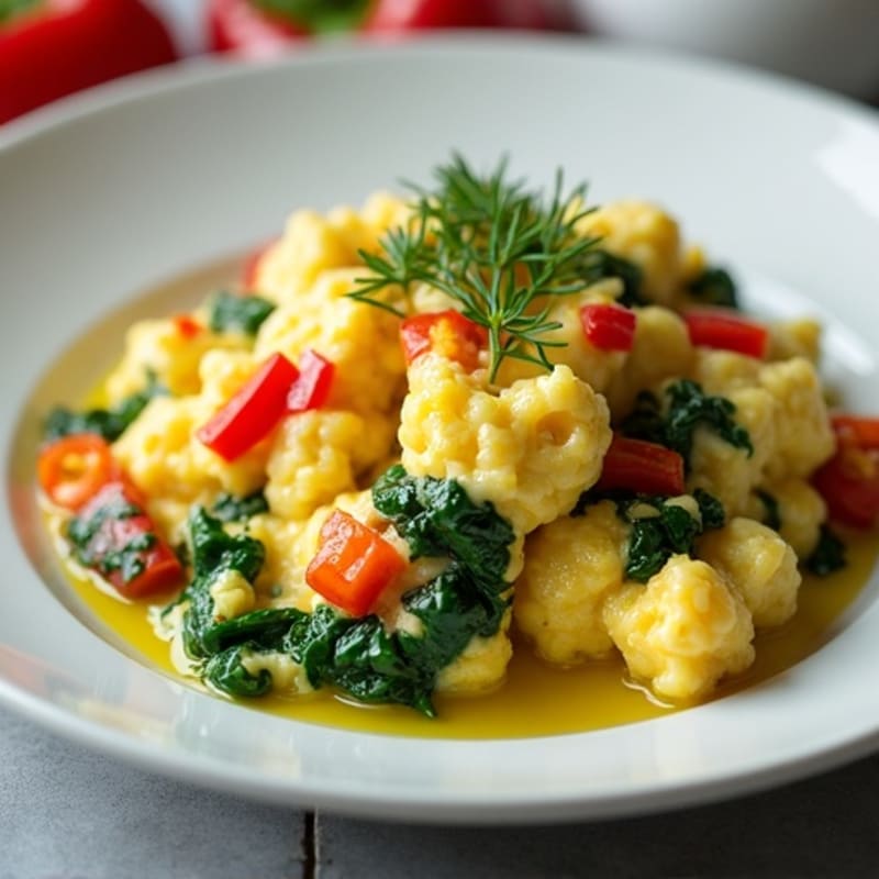 Cottage Cheese Egg Scramble with Spinach and Bell Pepper