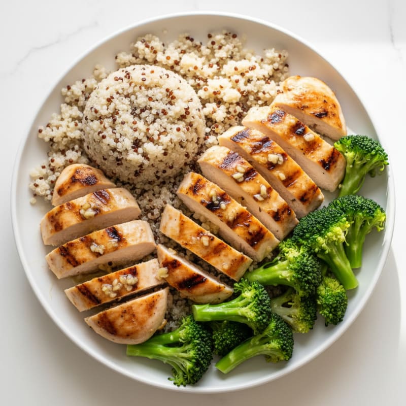 Grilled Lemon-Garlic Chicken Breast with Quinoa and Steamed Broccoli