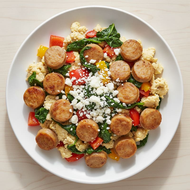 Egg White and Turkey Sausage Scramble with Spinach and Bell Peppers