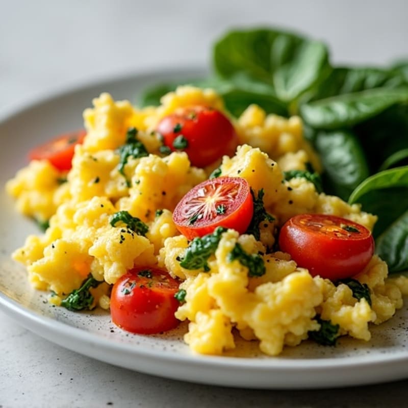Fluffy Scrambled Eggs with Sautéed Spinach and Cherry Tomatoes