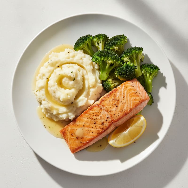 Seared Salmon with Steamed Broccoli and Garlic Mashed Potatoes