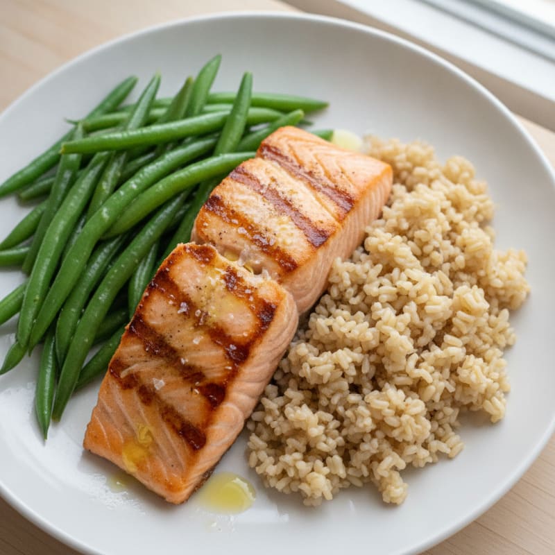 Seared Salmon with Steamed Green Beans and Brown Rice
