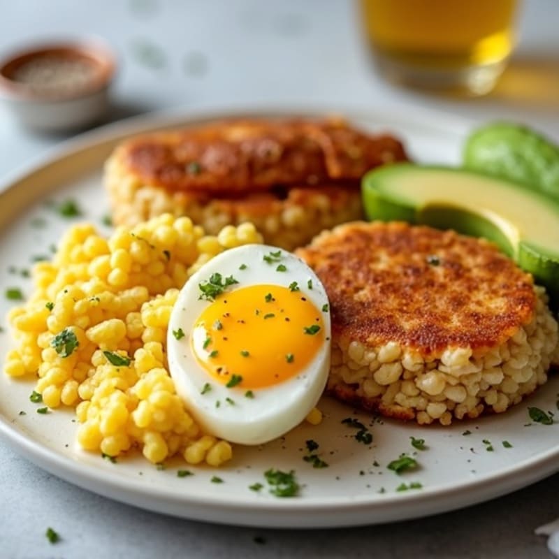 Scrambled Eggs with Chicken Sausage and Crispy Rice Cakes