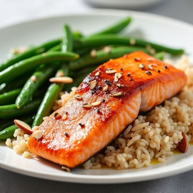 Seared Salmon with Garlic Green Beans and Brown Rice
