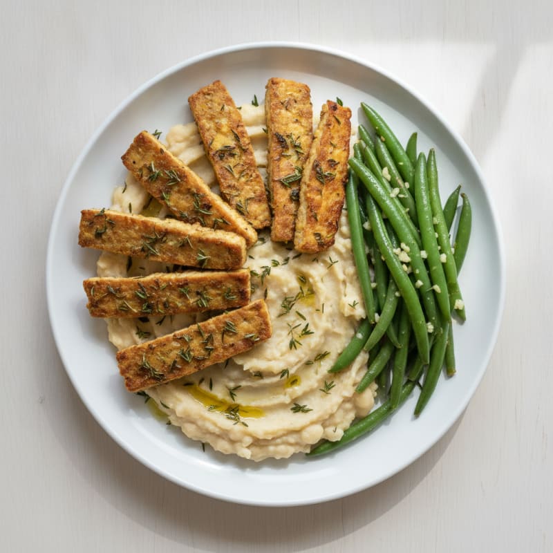 Herb-Roasted Tempeh with Creamy White Bean Mash and Garlic Green Beans