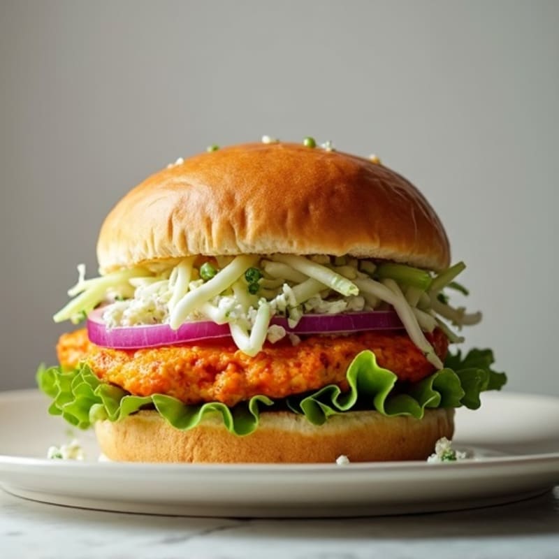 Lean Buffalo Chicken Burgers with Blue Cheese and Crunchy Celery Slaw