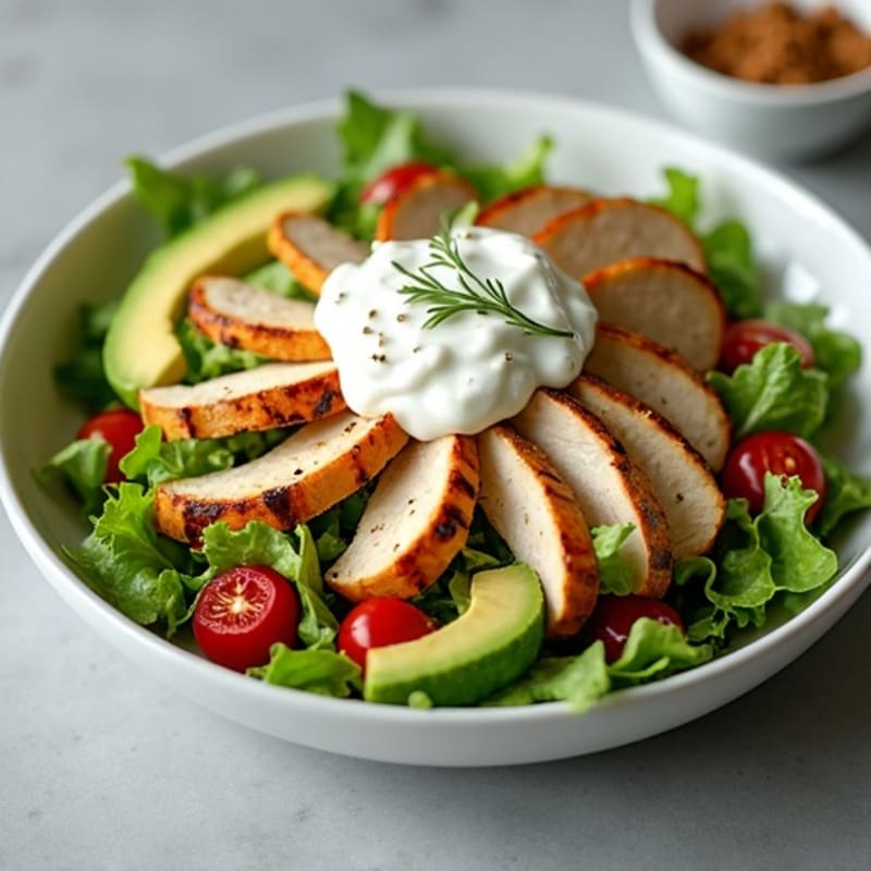 Grilled Chicken Salad with Mixed Greens and Greek Yoghurt Dressing