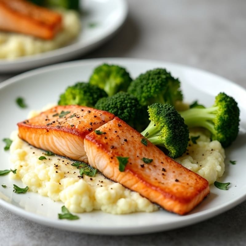 Seared Salmon Fillet with Steamed Broccoli and Garlic Cauliflower Mash