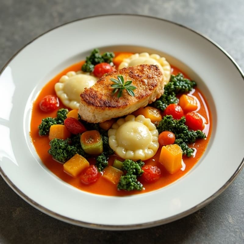 Spinach Ravioli with Roasted Vegetables and Light Tomato Sauce
