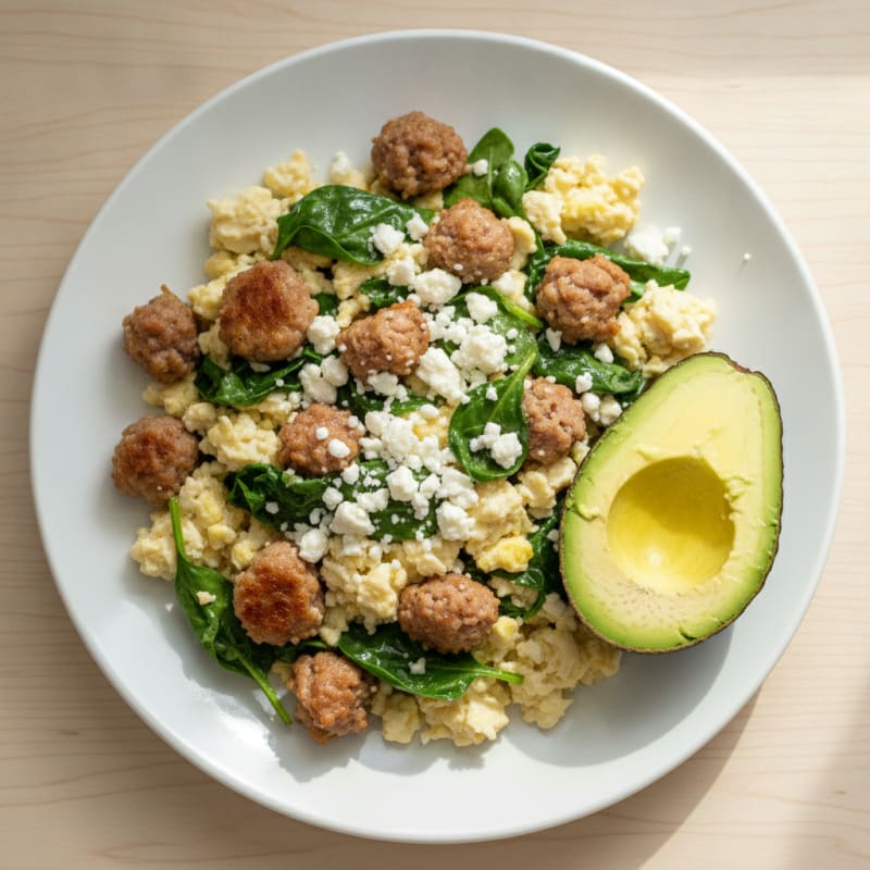 Egg White and Turkey Sausage Scramble with Spinach and Feta