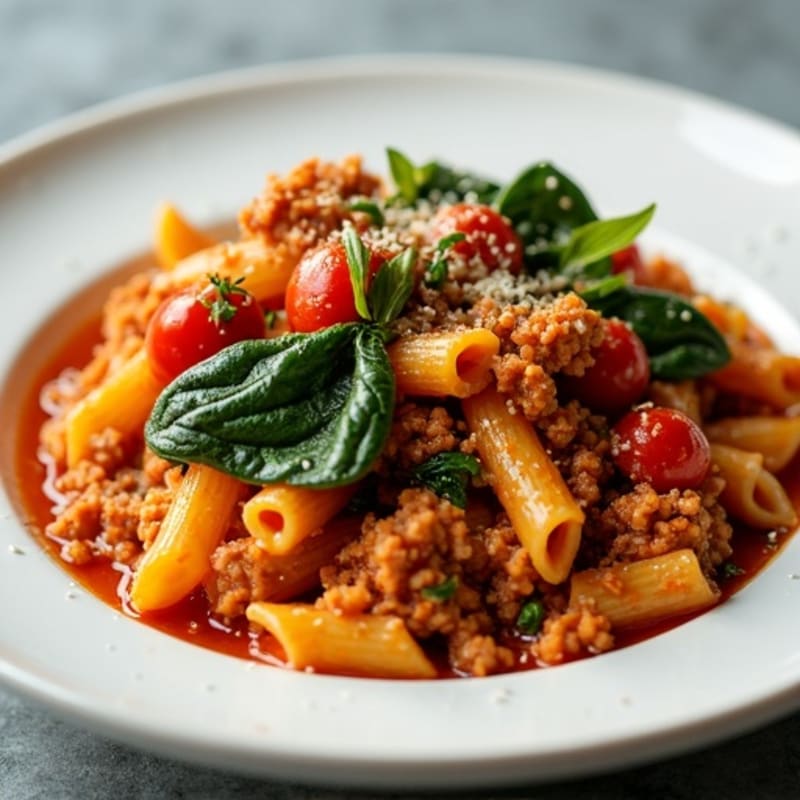 Lean Ground Turkey Pasta with Robust Tomato Sauce and Fresh Spinach