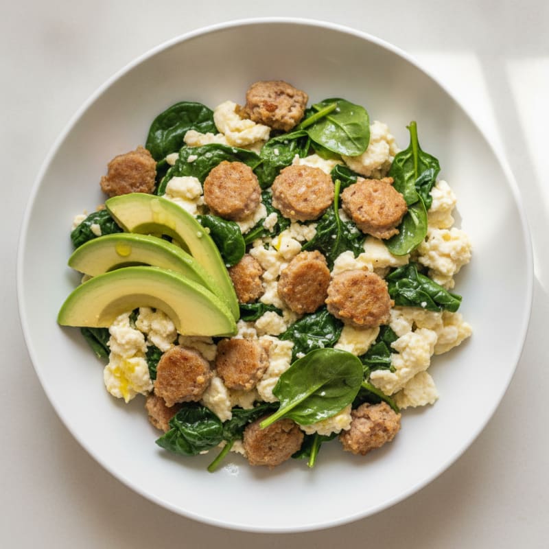 Egg White Spinach Scramble with Turkey Sausage