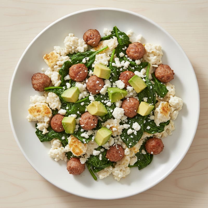 Egg White and Turkey Sausage Scramble with Sautéed Spinach