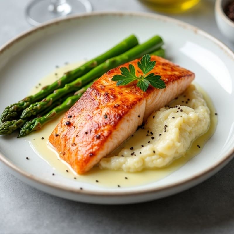 Seared Salmon Fillet with Steamed Asparagus and Cauliflower Mash
