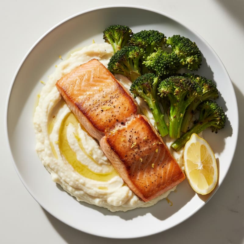 Seared Salmon Fillet with Roasted Broccoli and Cauliflower Mash
