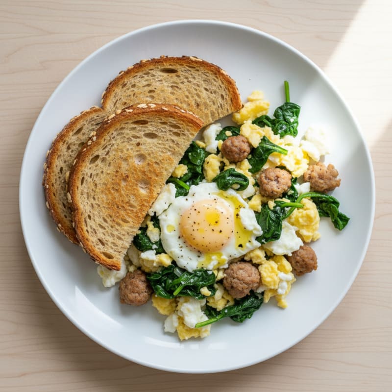 Egg White and Spinach Scramble with Turkey Sausage