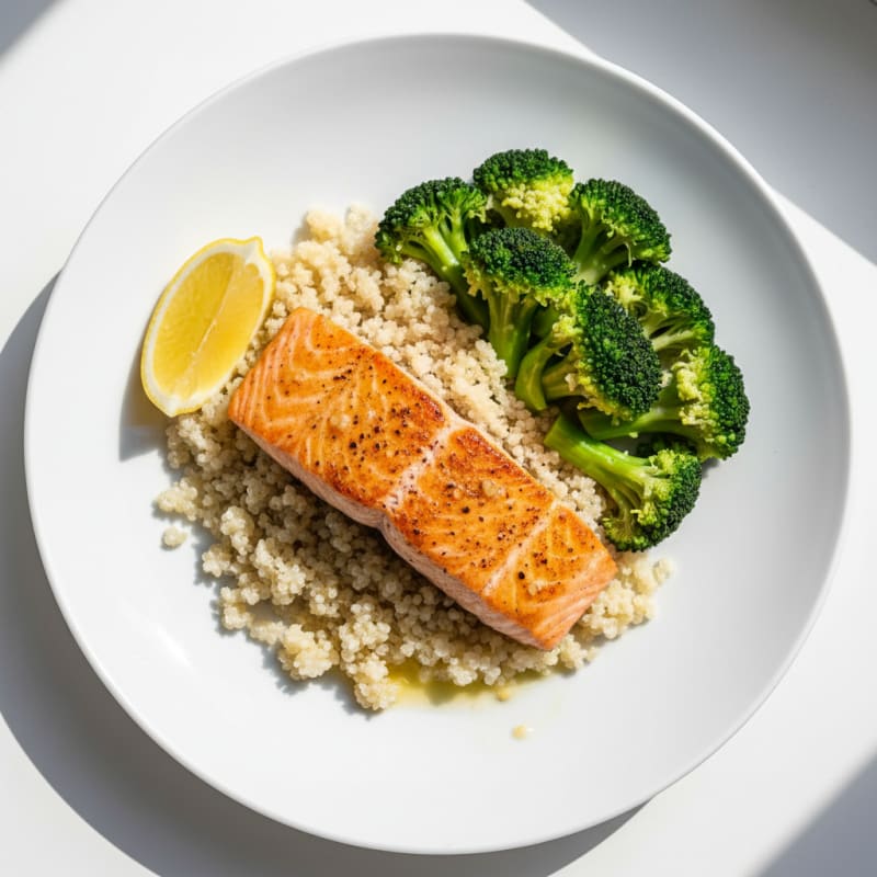 Seared Salmon Fillet with Steamed Broccoli and Quinoa