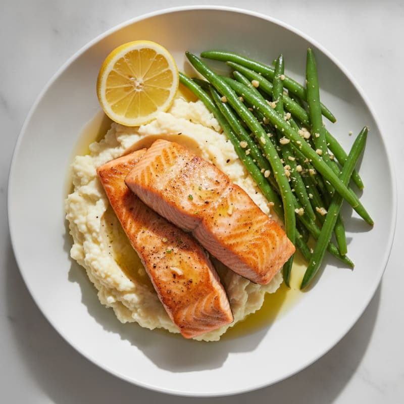 Seared Salmon with Garlic Green Beans and Cauliflower Mash