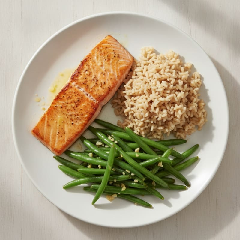 Seared Salmon Fillet with Garlic Green Beans and Brown Rice