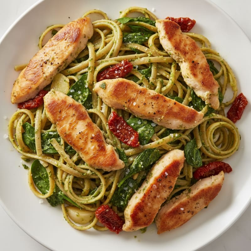 Pesto Chicken Linguine with Sun-Dried Tomatoes
