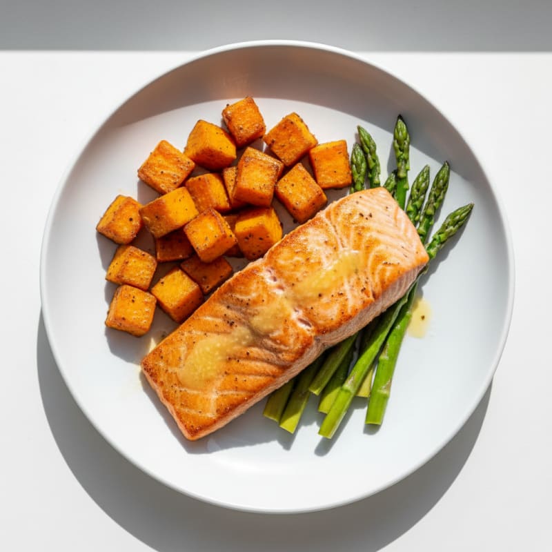 Seared Salmon with Roasted Sweet Potatoes and Asparagus
