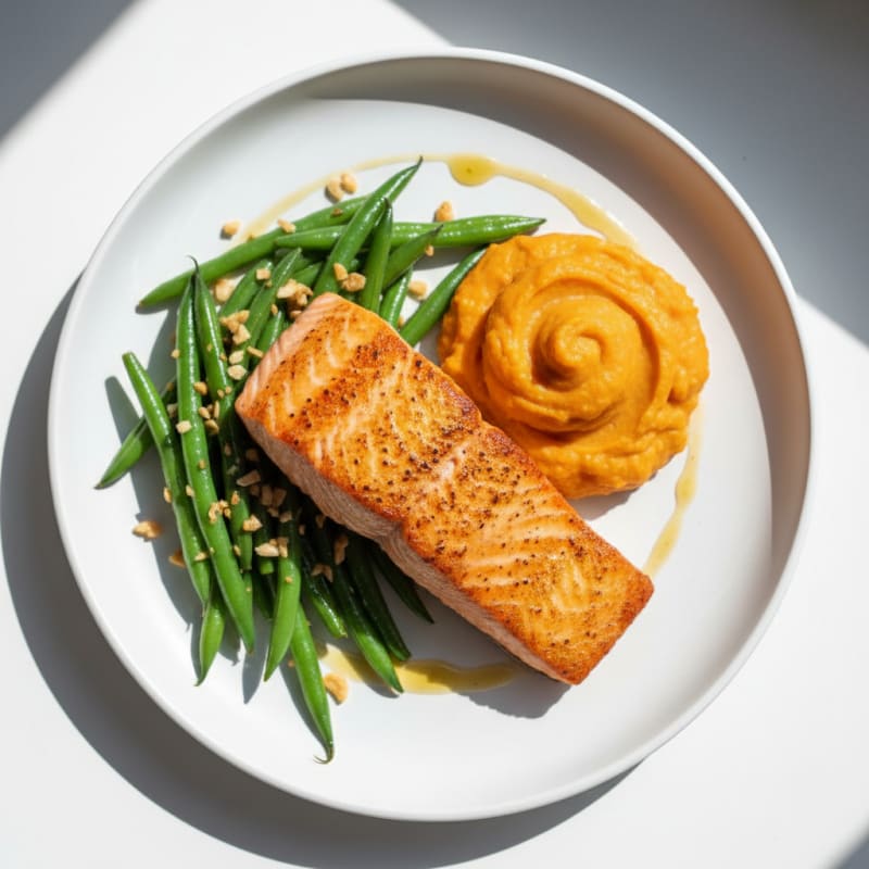 Seared Salmon with Garlic Green Beans and Sweet Potato Mash