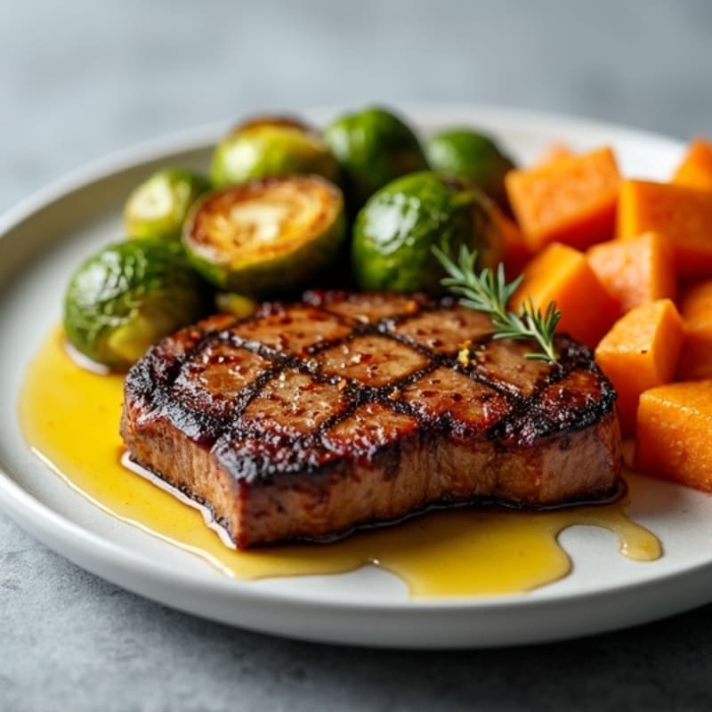 Steak with Roasted Sweet Potatoes and Crispy Brussels Sprouts