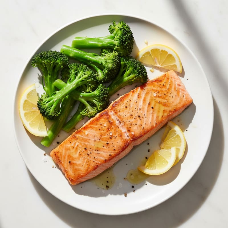 Seared Salmon Fillet with Steamed Broccoli and Lemon