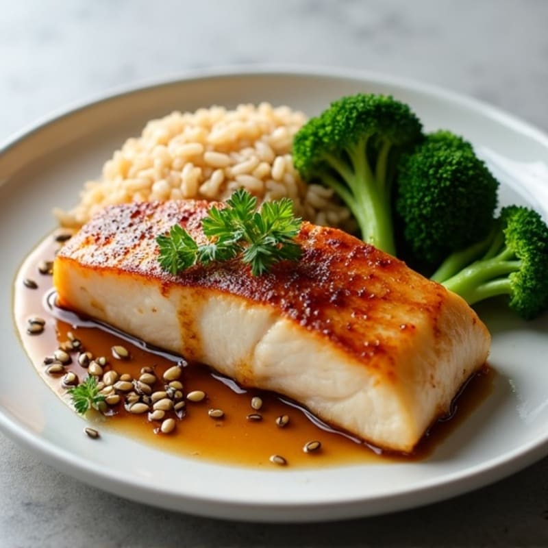 Seared Miso Glazed Cod with Steamed Broccoli and Brown Rice
