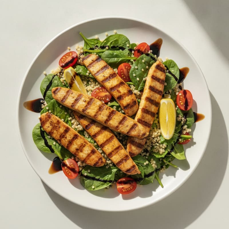 Grilled Seitan Strips with Quinoa and Spinach Salad