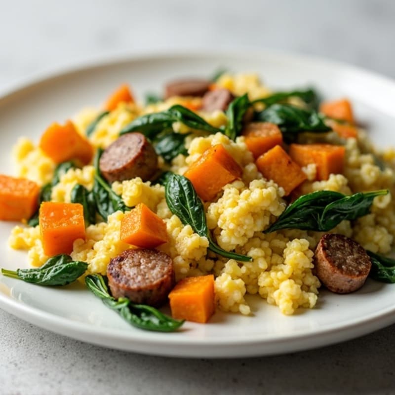 Egg White and Turkey Sausage Scramble with Spinach and Roasted Sweet Potato