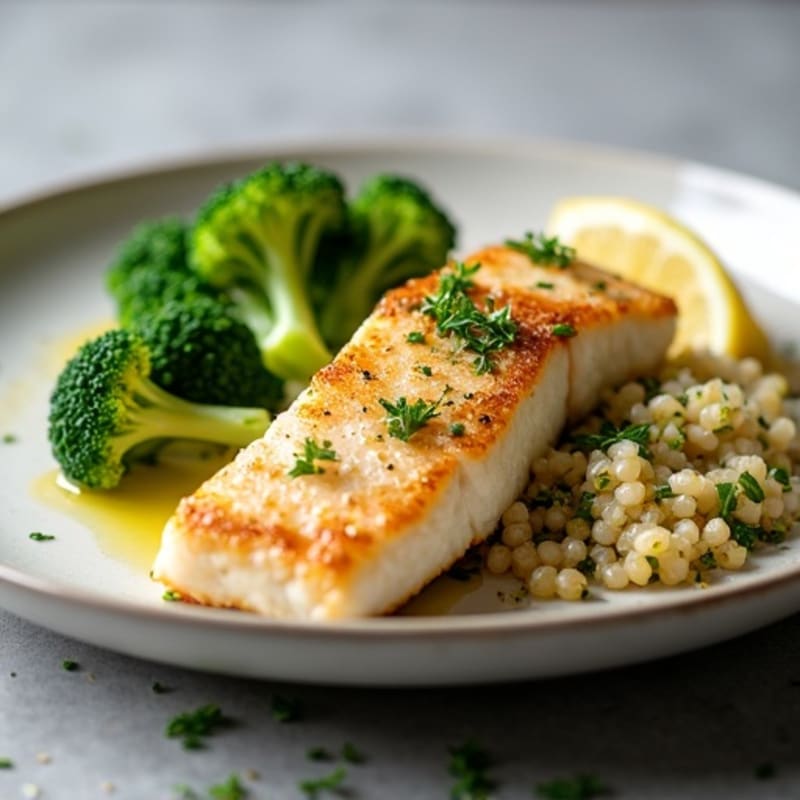 Seared Cod with Steamed Broccoli and Herbed Quinoa