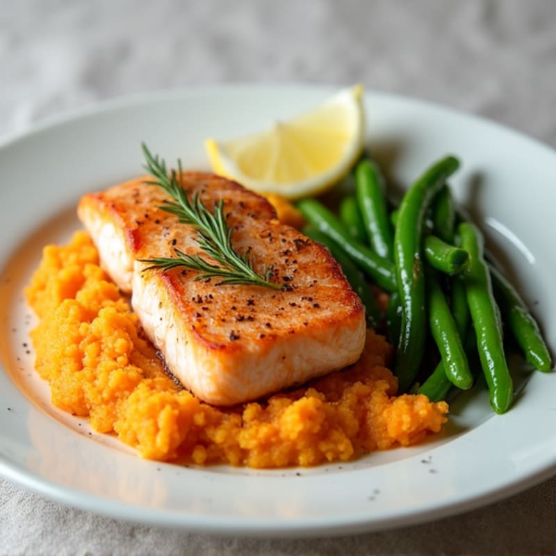 Seared Salmon with Steamed Green Beans and Sweet Potato Mash