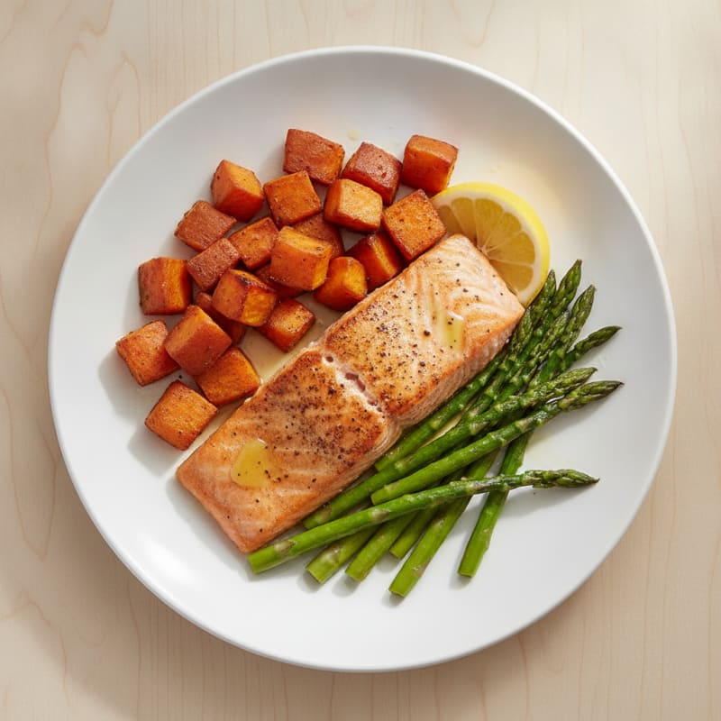 Seared Salmon Fillet with Roasted Sweet Potato and Asparagus