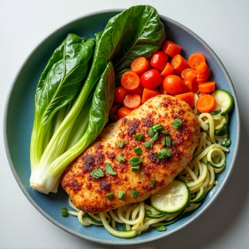 Crispy Pan-Seared Chicken with Silky Bok Choy and Fresh Vegetable Noodle Bowl